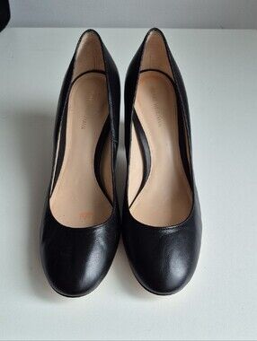 Stuart Weitzman Black Leather Round Toe Block Heels, Dress Shoes 7.5